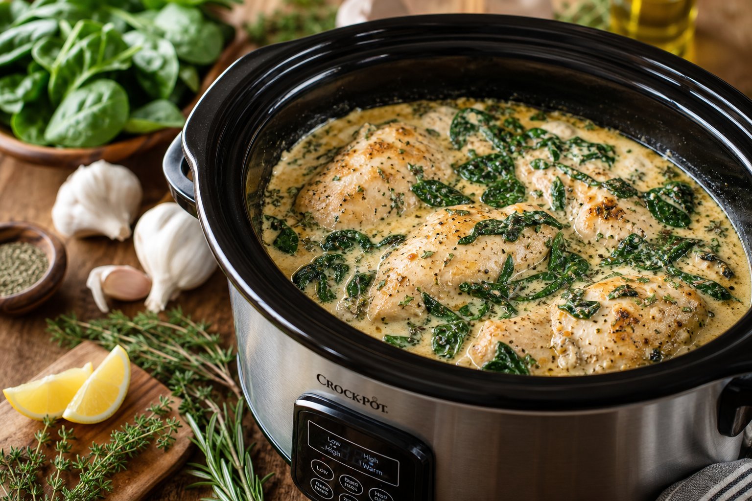 27 Crockpot Chicken Recipes for Effortless Weeknight Dinners 24 Slow cooker filled with creamy chicken and spinach dish on a wooden kitchen table with fresh ingredients around it.
