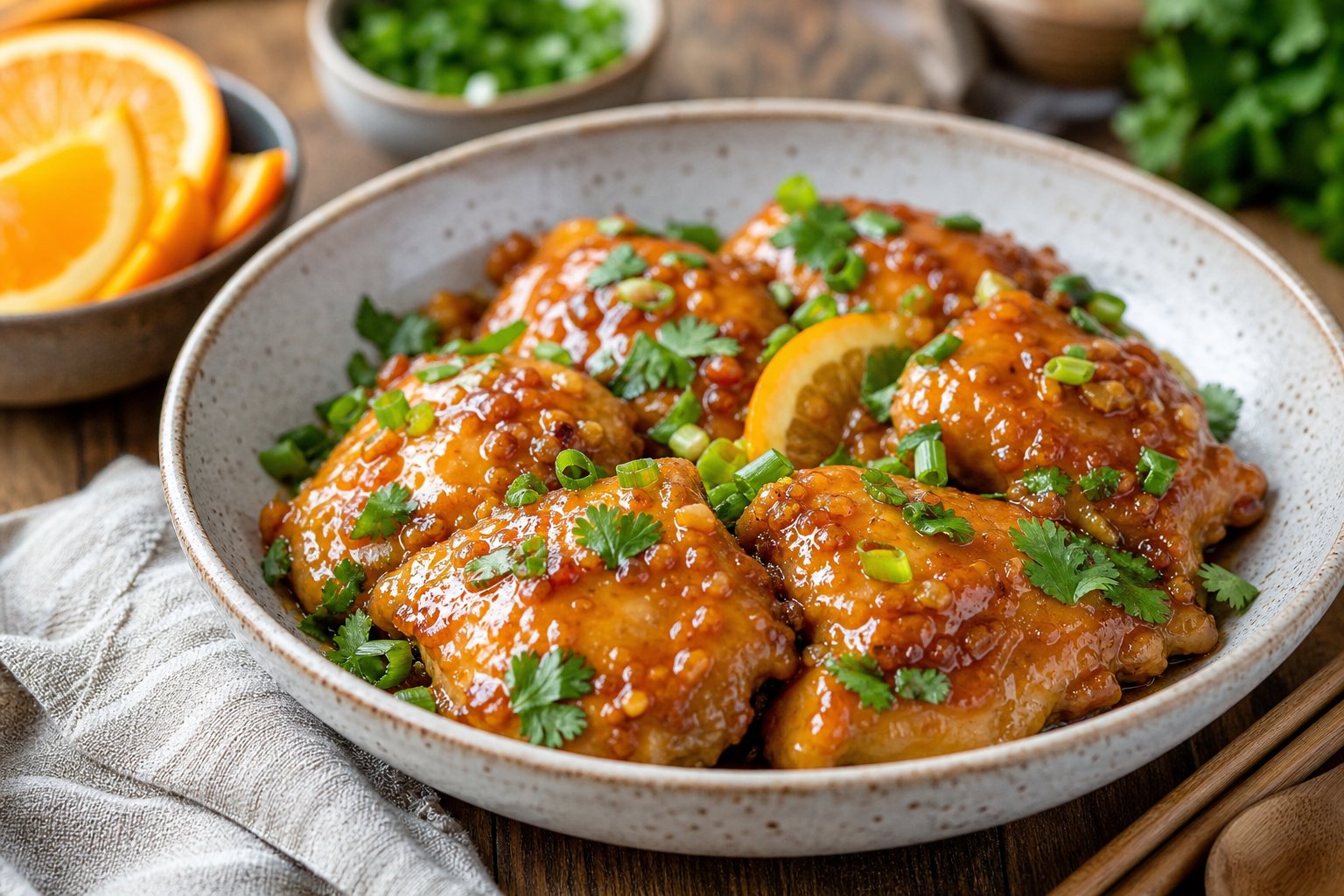 27 Crockpot Chicken Recipes for Effortless Weeknight Dinners 25 A bowl of sticky orange chicken thighs garnished with fresh herbs on a wooden table.