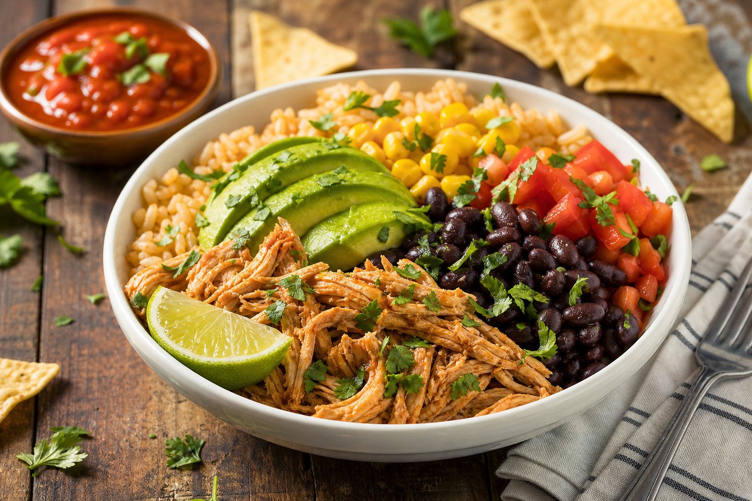 27 Crockpot Chicken Recipes for Effortless Weeknight Dinners 26 A bowl of slow cooker chicken burrito with rice, black beans, avocado, tomatoes, corn, and lime on a wooden table.