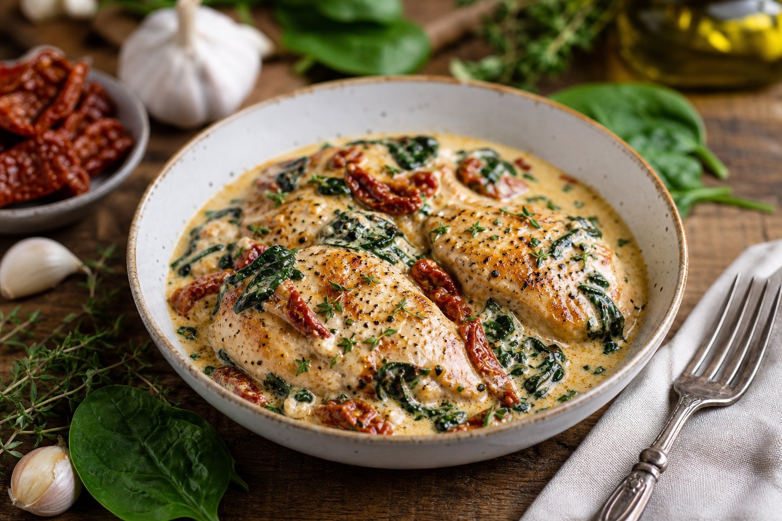 27 Crockpot Chicken Recipes for Effortless Weeknight Dinners 27 A bowl of creamy Tuscan chicken with spinach and sun-dried tomatoes on a wooden table surrounded by fresh ingredients.