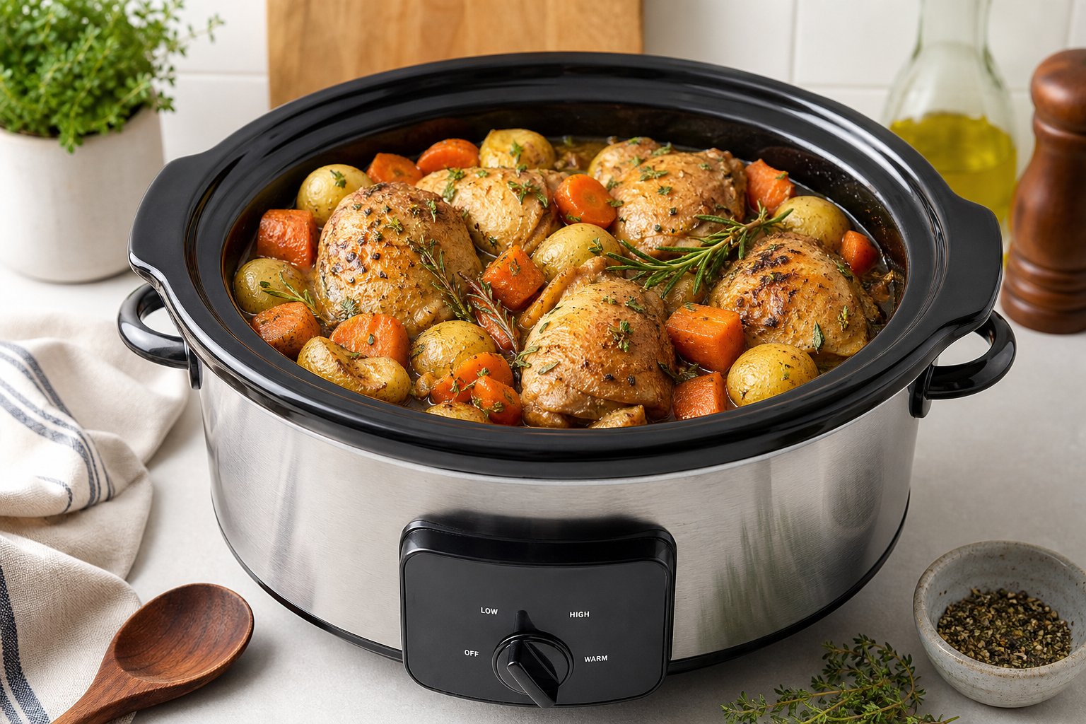 27 Crockpot Chicken Recipes for Effortless Weeknight Dinners 28 Slow cooker filled with cooked chicken, potatoes, and carrots on a kitchen countertop.