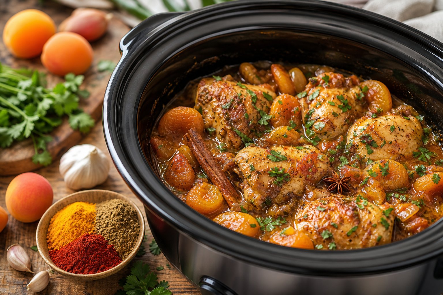 27 Crockpot Chicken Recipes for Effortless Weeknight Dinners 29 A crockpot filled with Moroccan-spiced chicken and apricots surrounded by fresh apricots, herbs, and spices on a wooden kitchen surface.