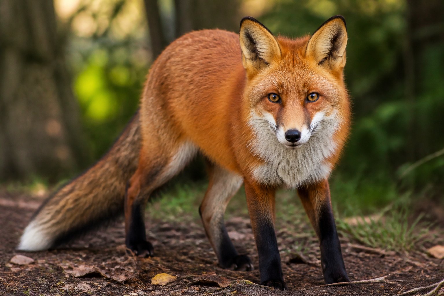 Close-up of a red fox in a forest looking directly at the camera with sharp eyes and bushy tail.