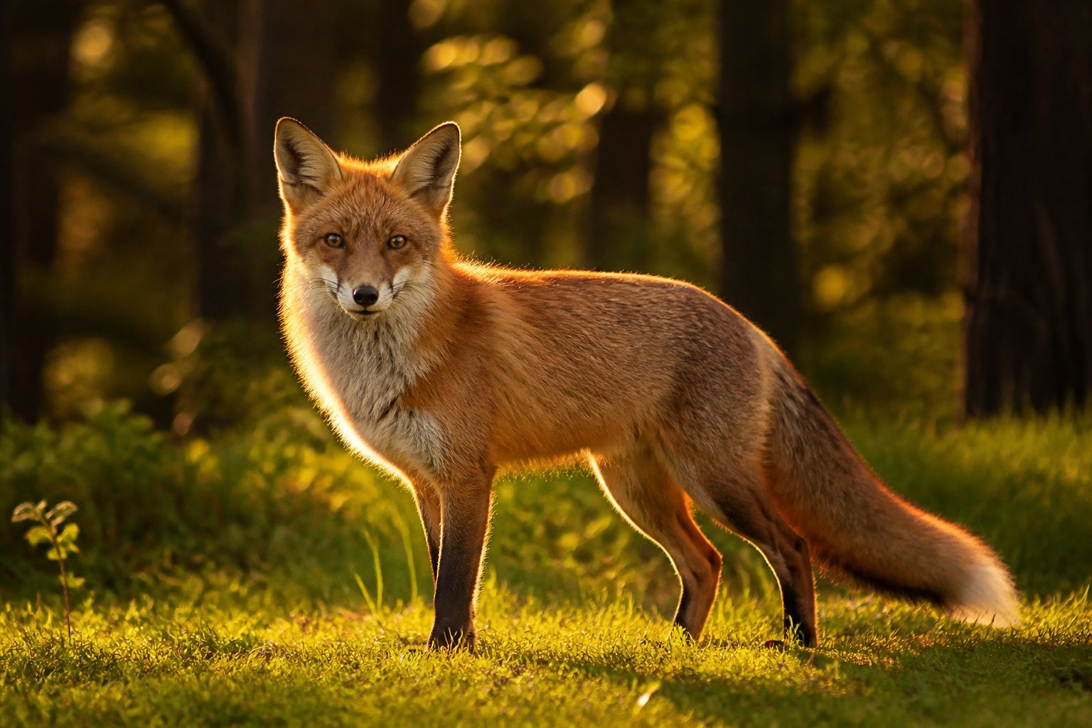 A red fox standing alert in a sunlit forest with green grass and trees in the background.