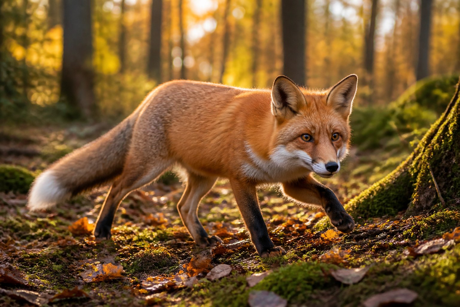 A red fox walking on a forest floor with trees and sunlight in the background.