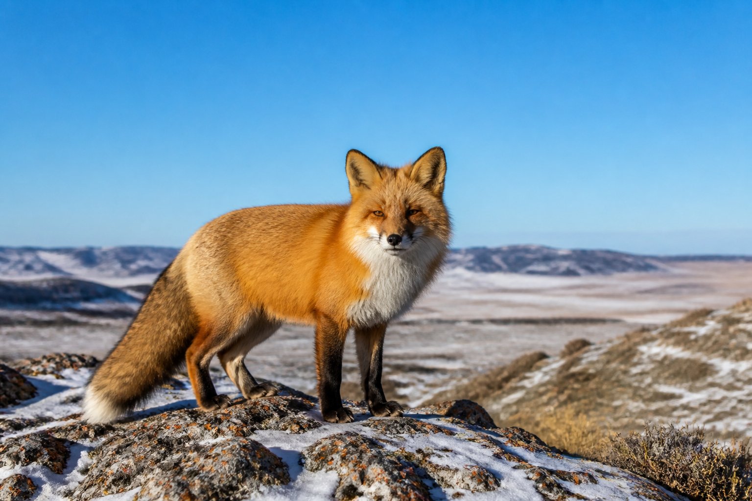 A red fox standing alert on rocky terrain with dry grass and patches of snow in an open cold landscape with distant hills.