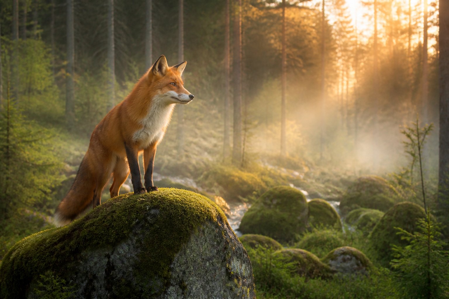 A red fox standing on a mossy rock in a misty forest at dawn, looking into the distance.