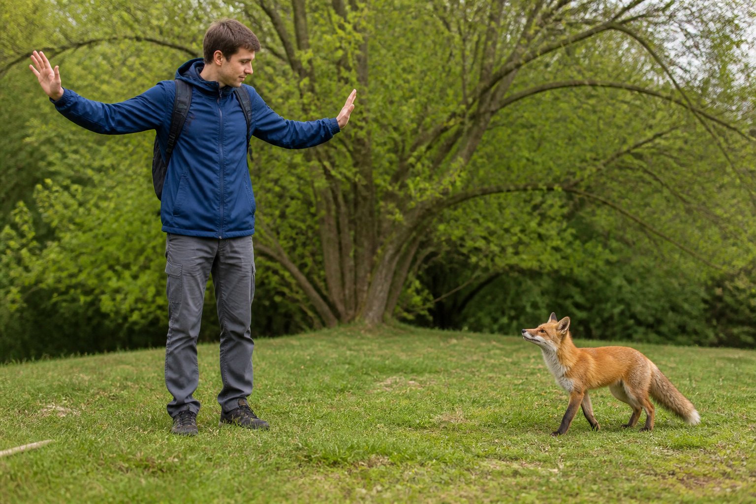 A person calmly standing in a park as a fox approaches at a safe distance.