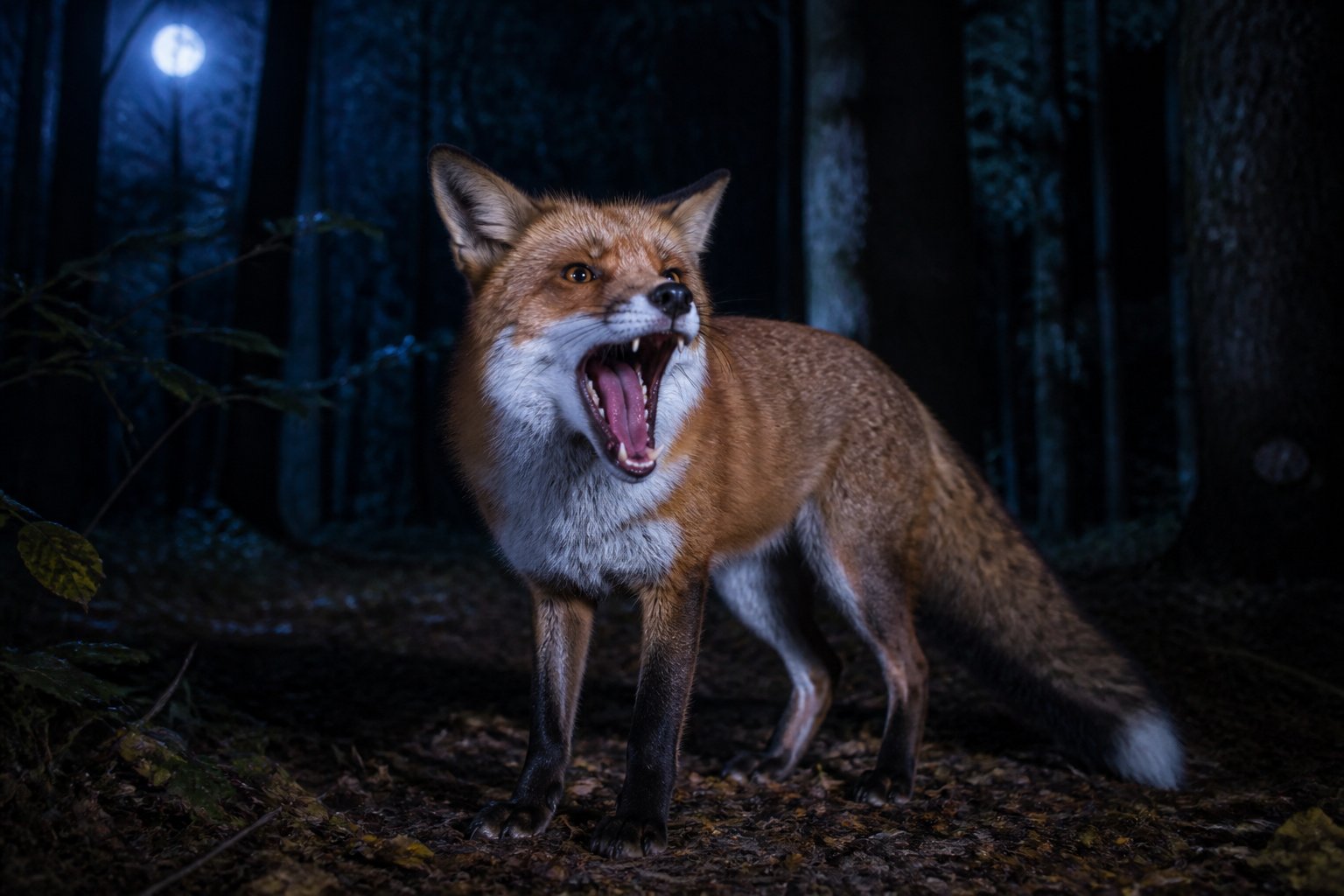 A wild fox at night in a forest with its mouth open as if screaming, surrounded by trees and moonlight.