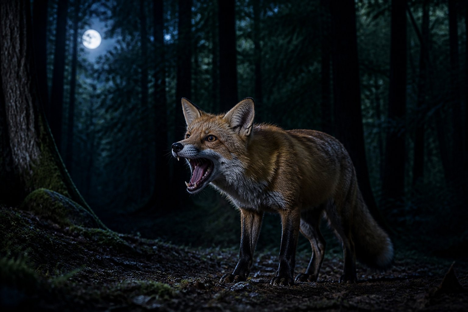 A fox in a dark forest at night with its mouth open as if screaming.