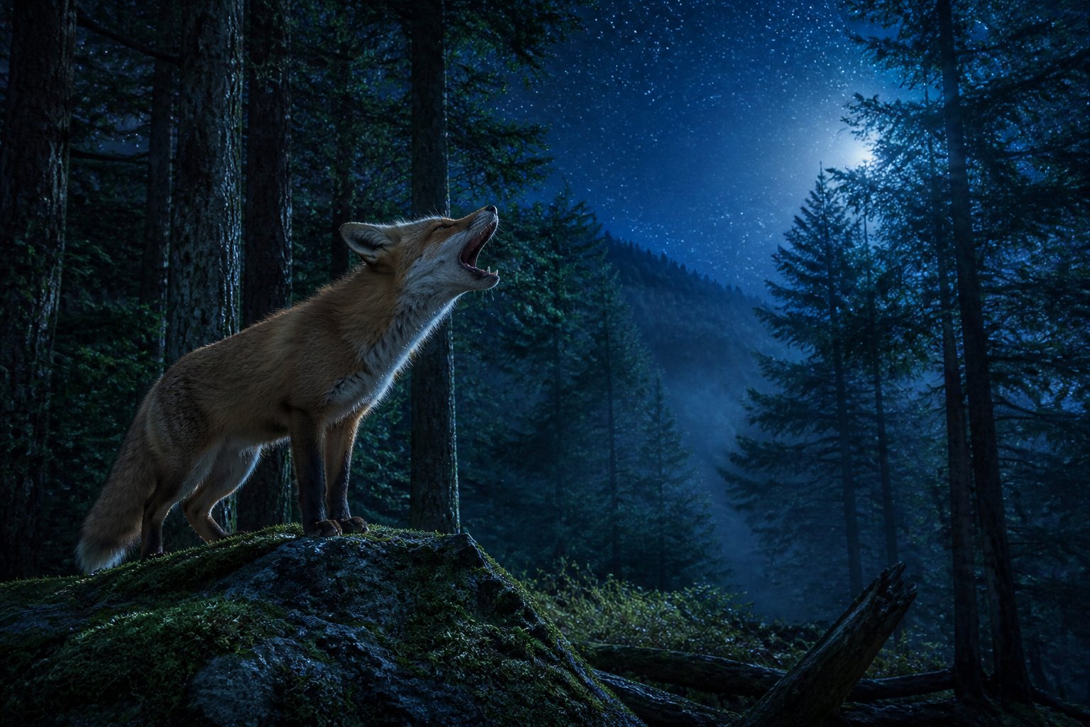 A red fox standing on a rock in a forest at night with its mouth open as if making a sound, surrounded by trees under a starry sky.