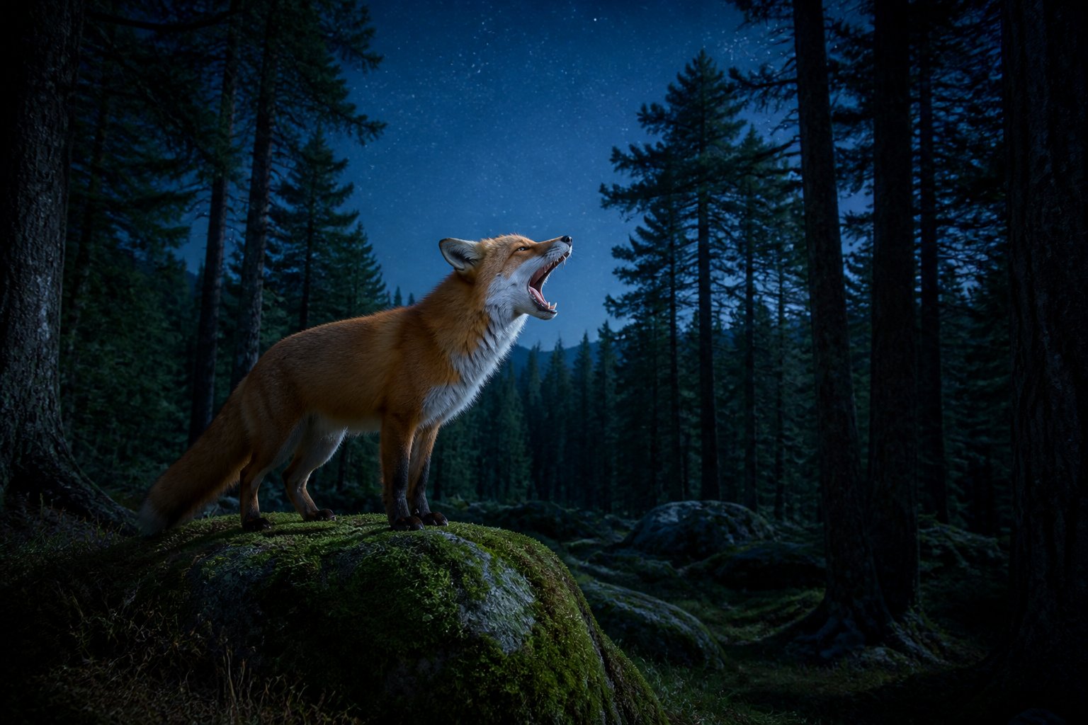 A red fox screaming on a rock in a dark forest at night under a clear starry sky.