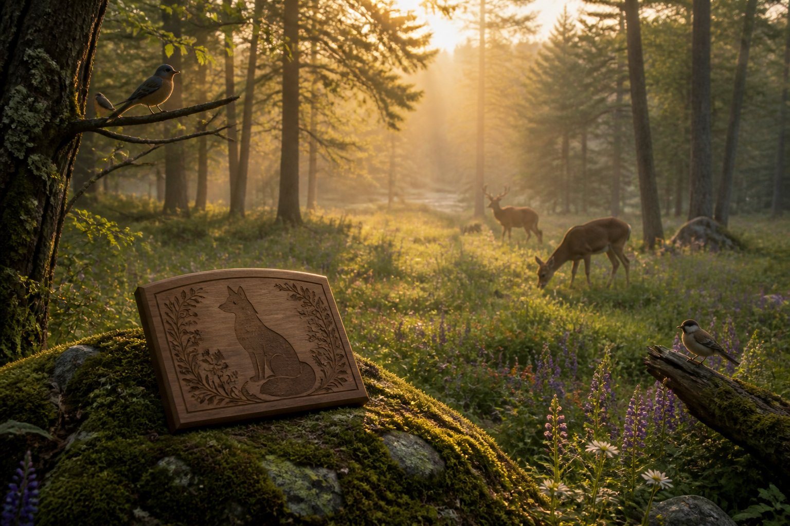A peaceful forest clearing at sunrise with a wooden memorial plaque showing a fox silhouette on a mossy rock, surrounded by trees, wildflowers, birds, and deer.