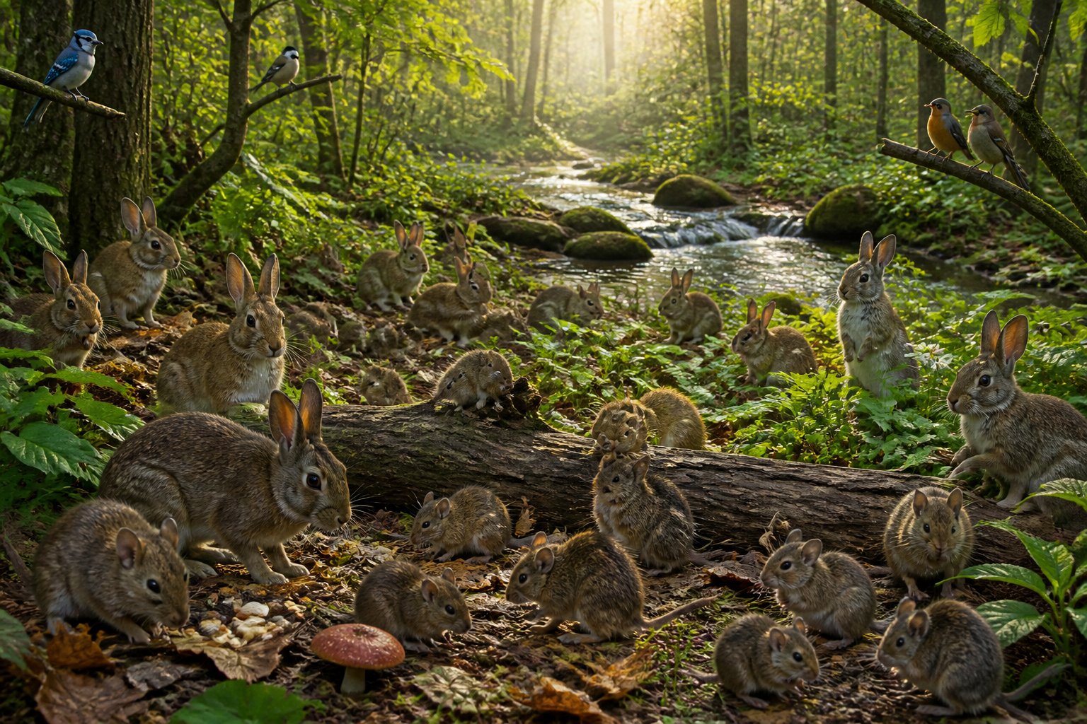 A forest scene with many small rodents and rabbits among dense plants and trees, showing a natural environment without any foxes.
