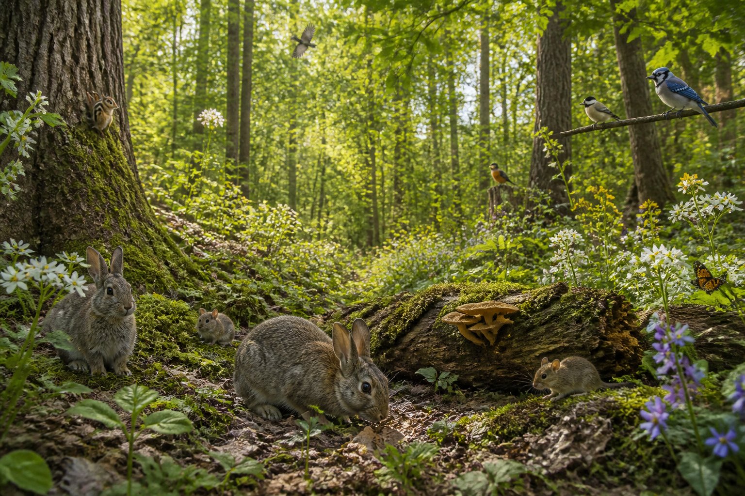A peaceful forest clearing with various small animals, birds, and plants thriving in sunlight, without any foxes present.