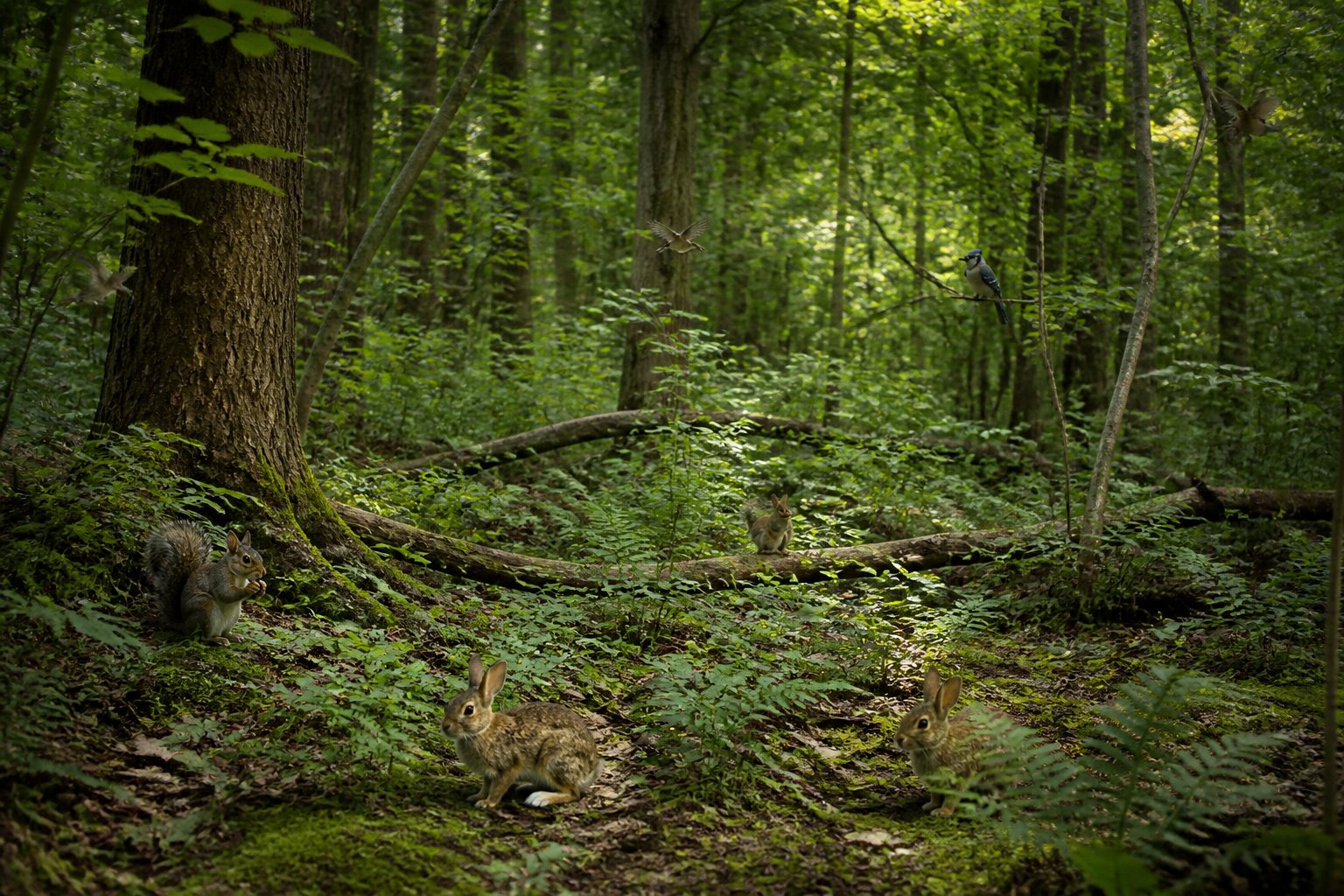 A forest habitat showing trees and small animals like rabbits and birds, with no foxes present.