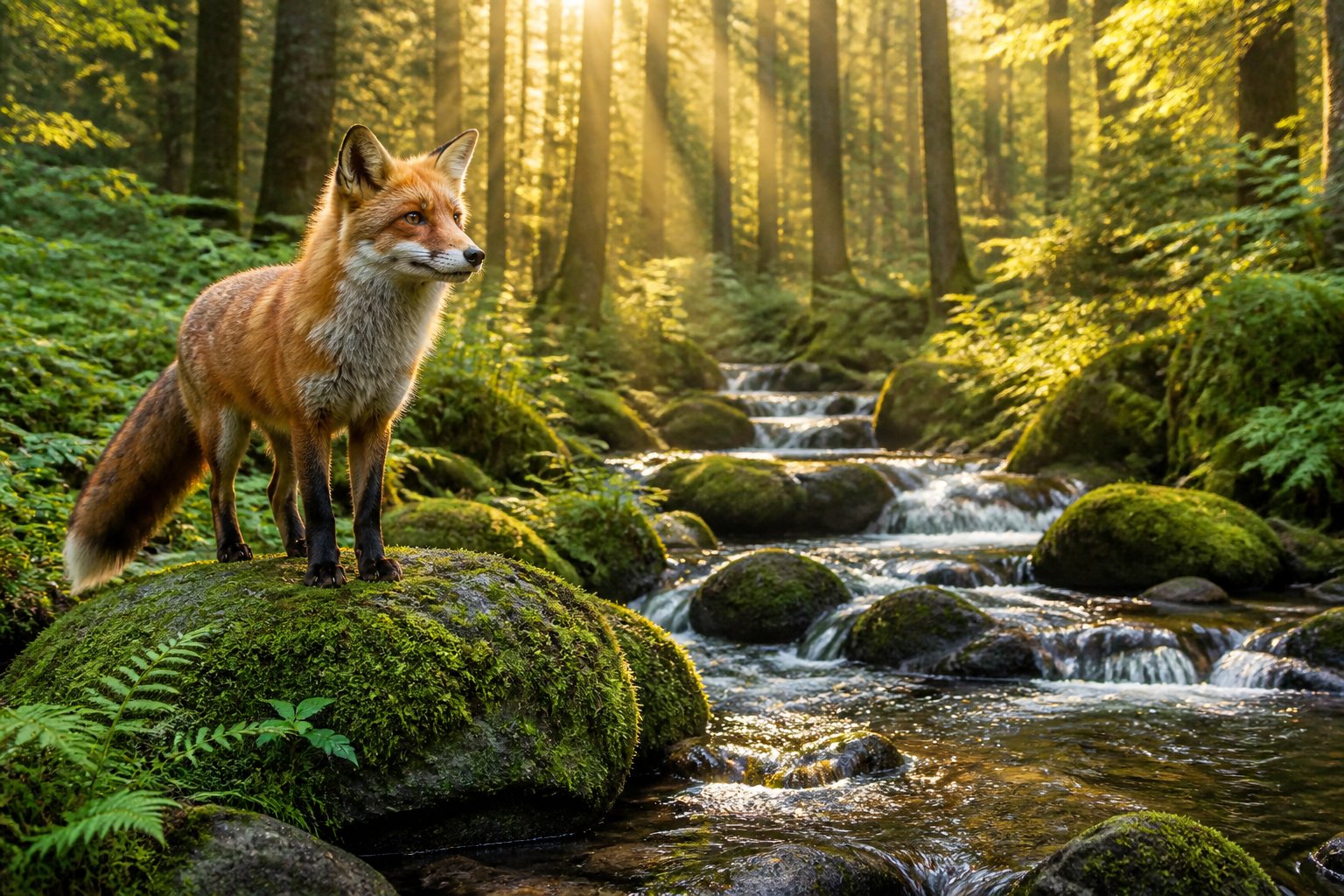 A red fox standing on a mossy rock beside a clear stream in a sunlit forest.