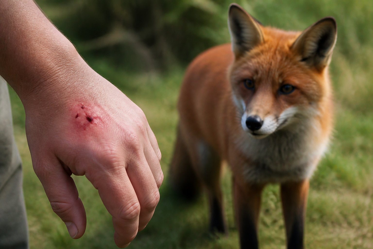 A close-up of a person's hand with a small bite wound and a red fox standing nearby in a grassy outdoor area.