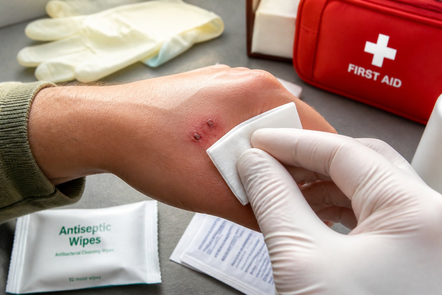 Close-up of a person cleaning a fox bite on their hand with antiseptic and first aid supplies nearby.