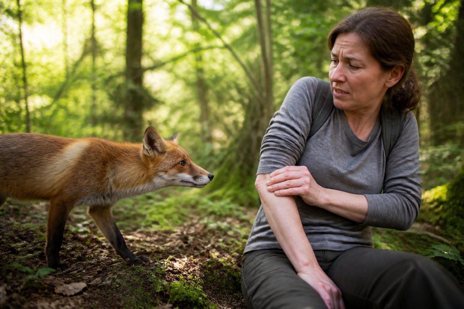 A person in a forest looking concerned as a fox approaches closely.