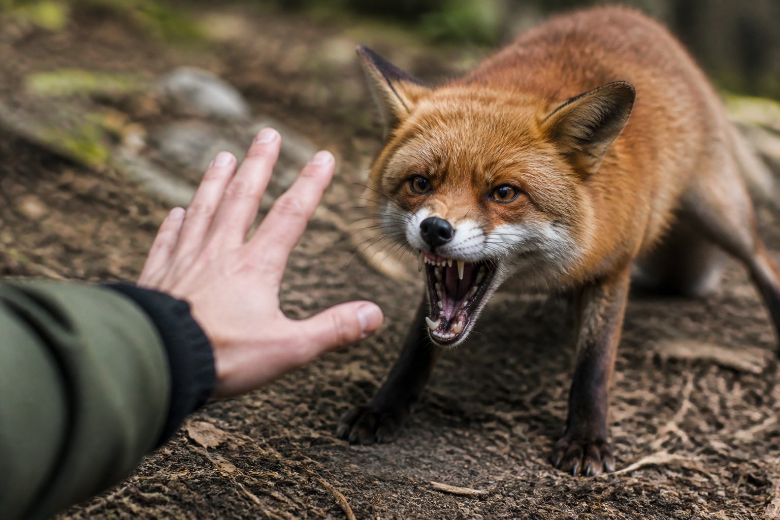 A wild fox lunging aggressively toward a cautious human hand in a forest setting.