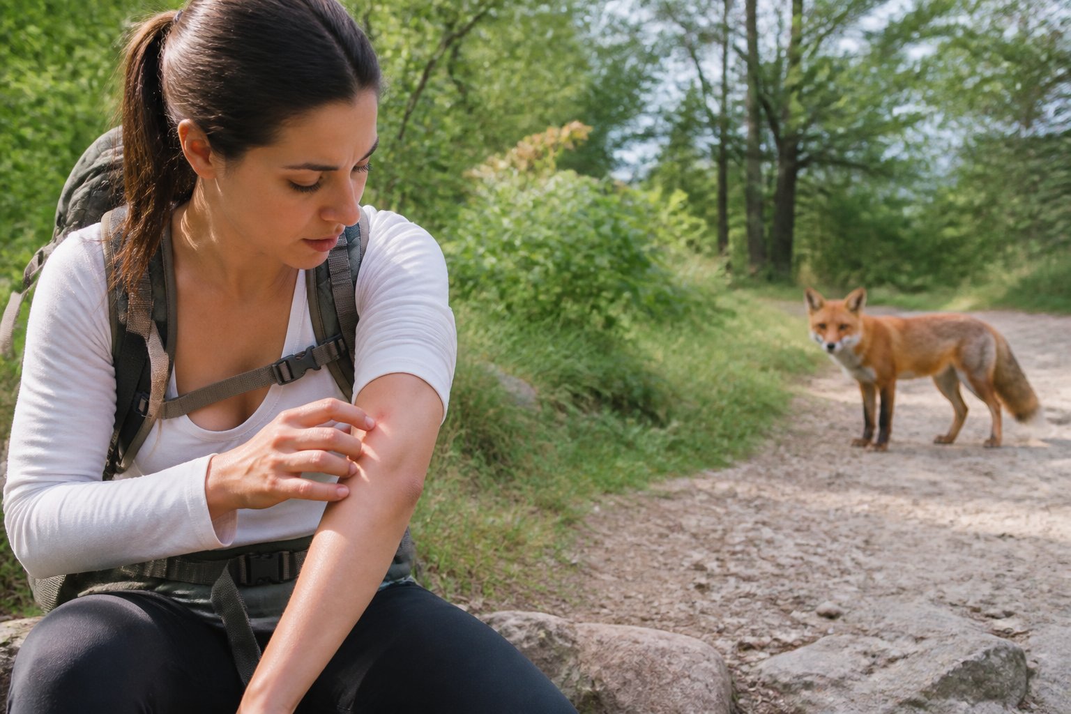 A person checking their arm for a bite while a fox stands at a distance in a forested area.