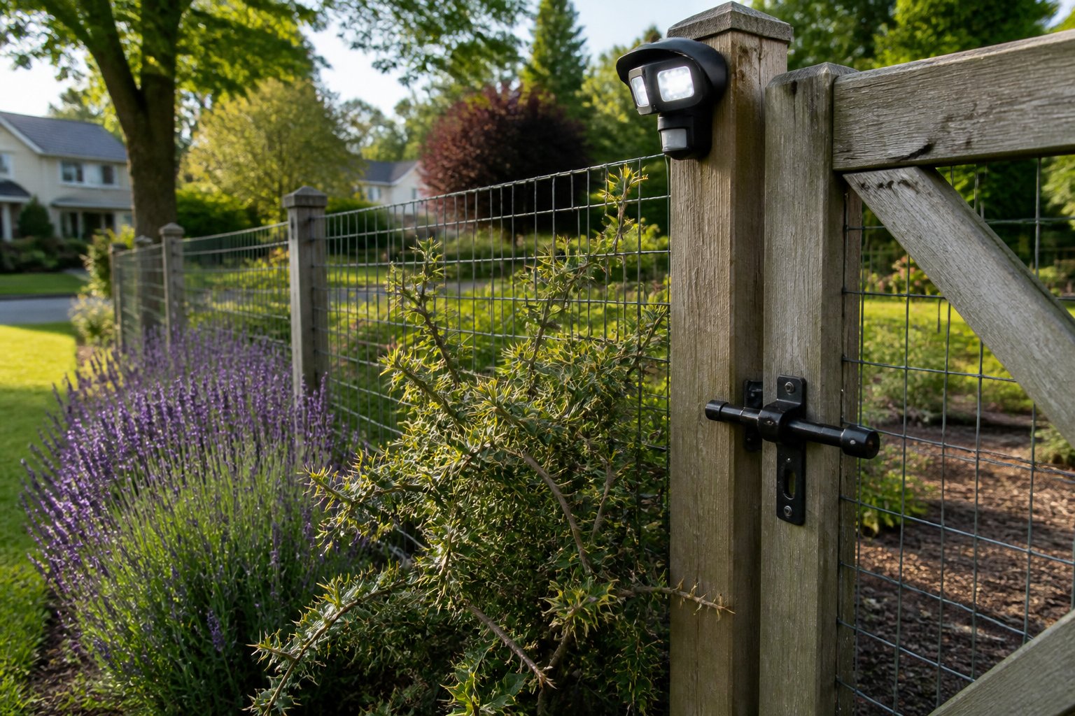 A clean backyard with covered trash bins and a fenced garden, showing efforts to prevent foxes.
