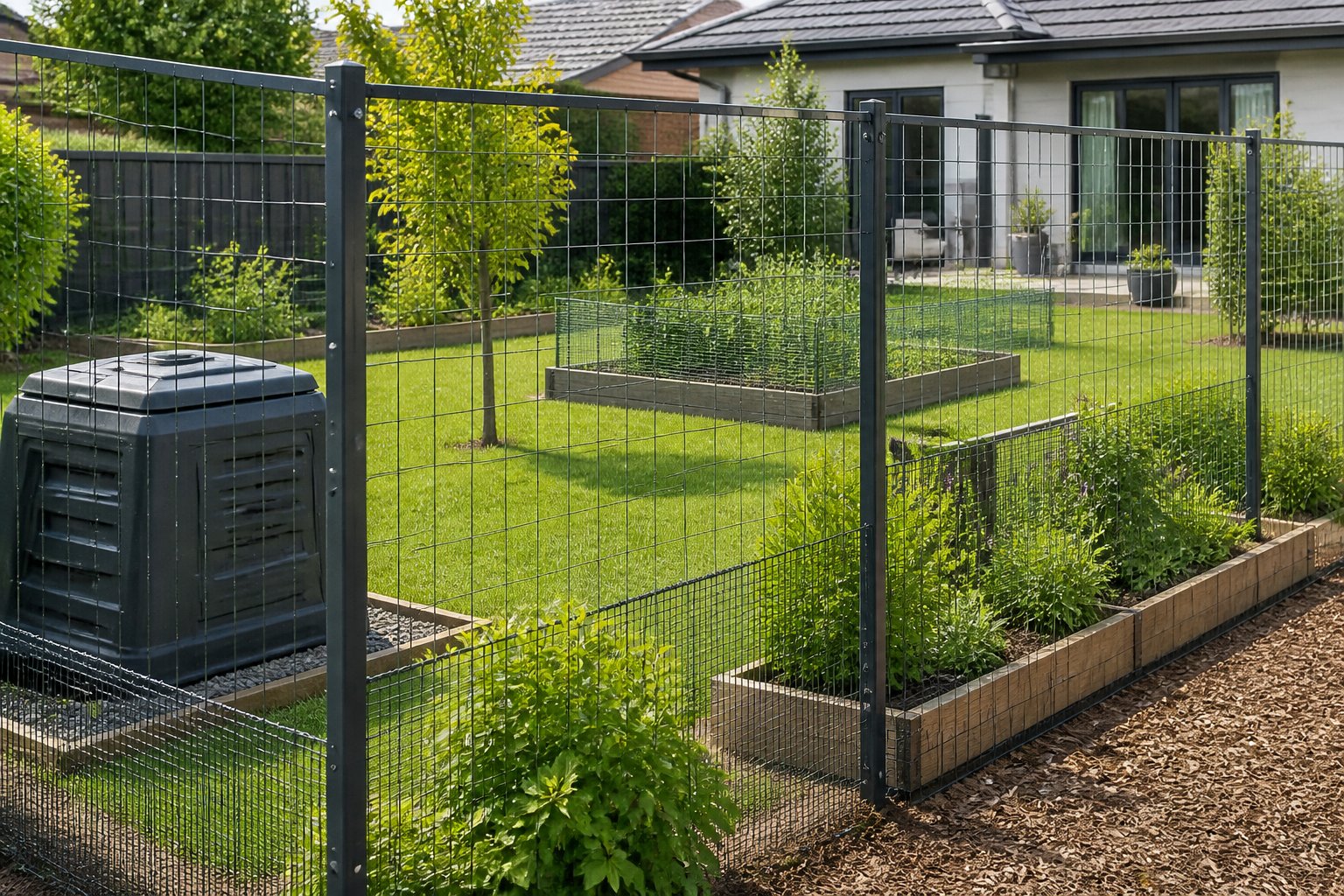 A suburban backyard with a tall wire mesh fence, reinforced garden beds, and secure compost bins protecting the yard.