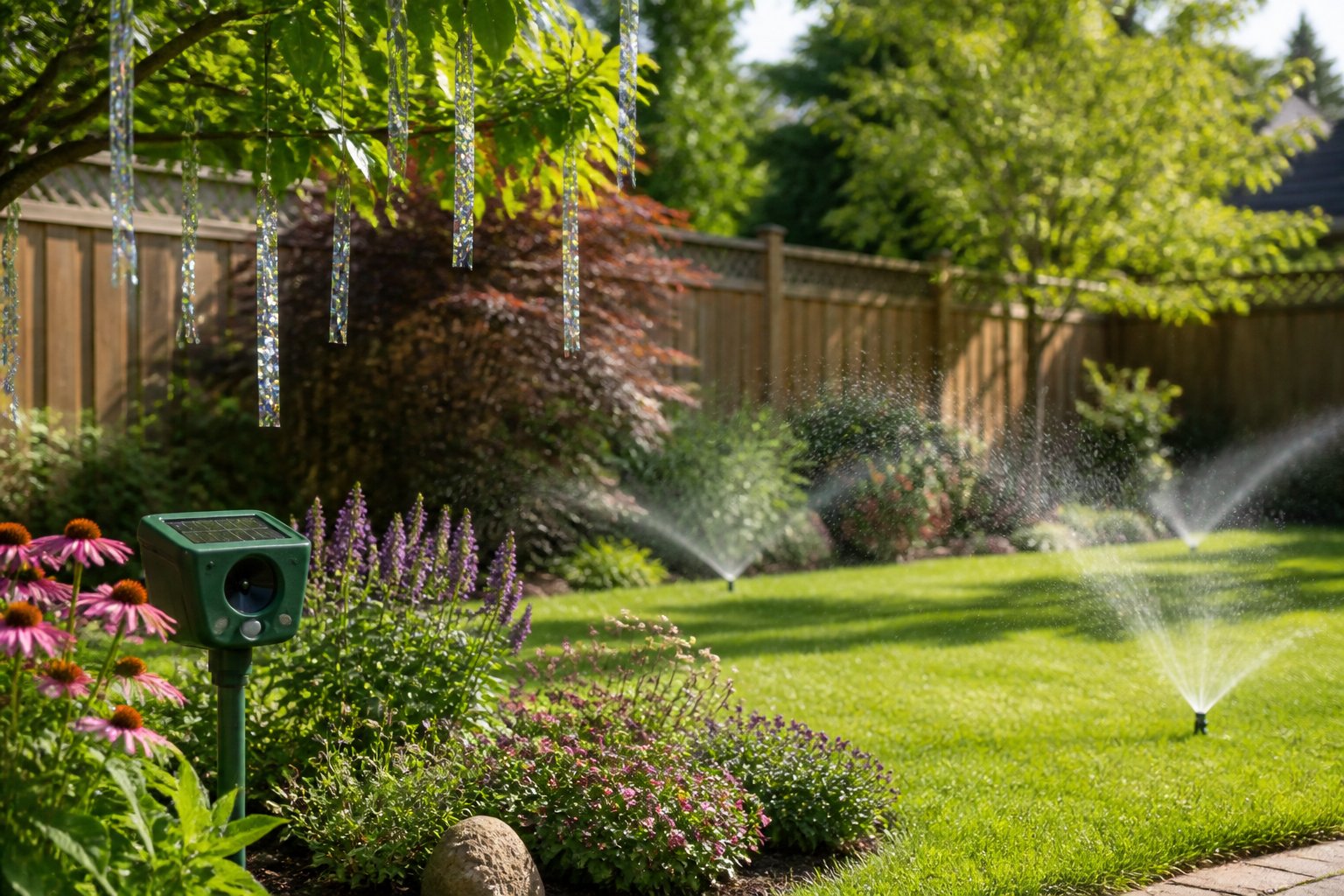 A suburban backyard with motion-activated sprinklers, ultrasonic repellent devices, and reflective tape used as humane deterrents to prevent foxes.