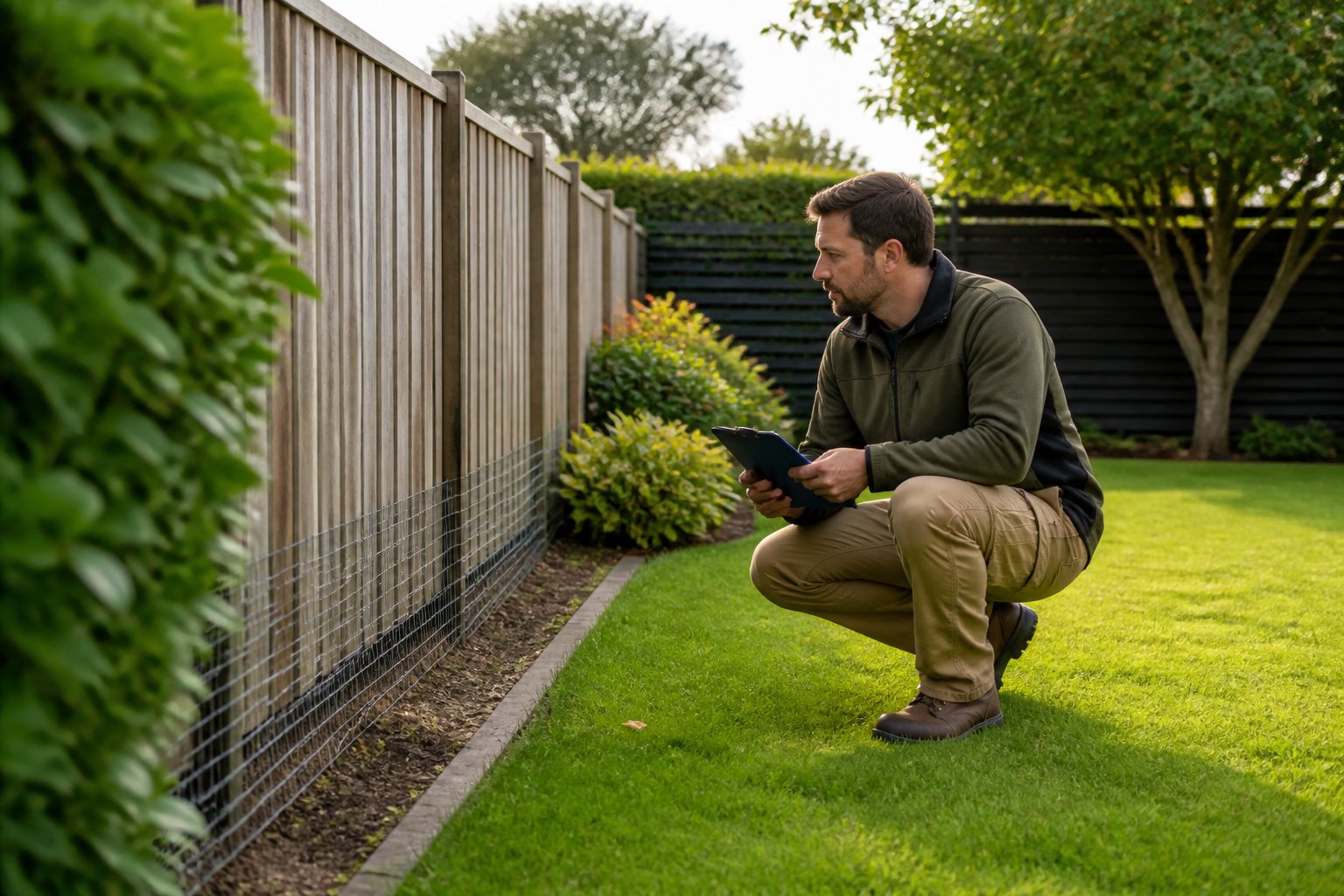 A person inspecting a secure backyard fence in a suburban garden during the day.