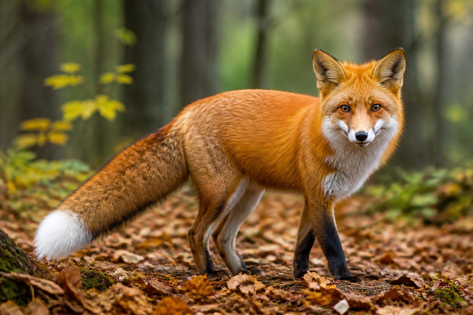 A close-up of a red fox standing on a forest floor covered with autumn leaves, looking alert with sharp eyes and a bushy tail.