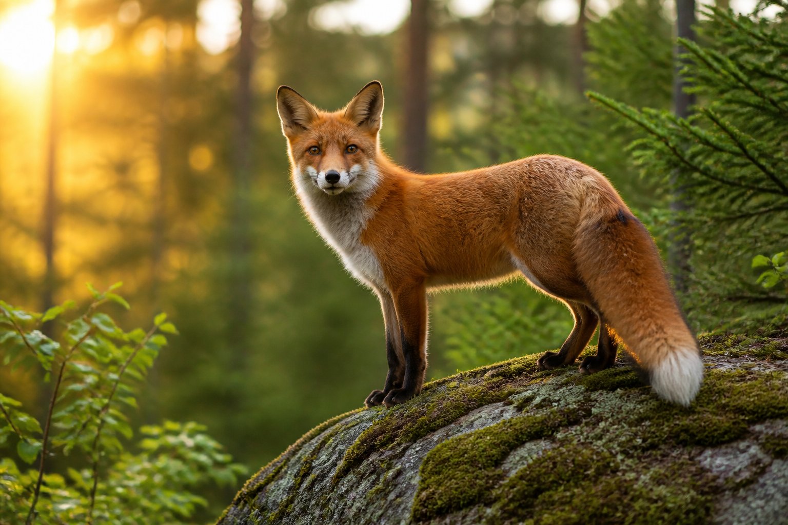 A red fox standing on a mossy rock in a forest with green plants and sunlight filtering through the trees.