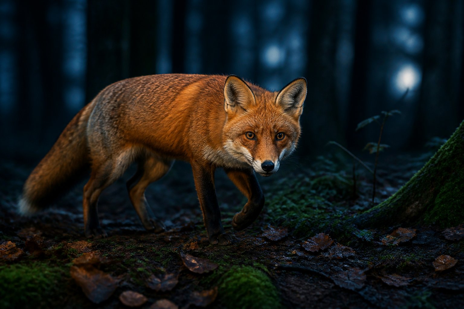 A red fox walking quietly through a dim forest at dusk with alert eyes and a sleek body.