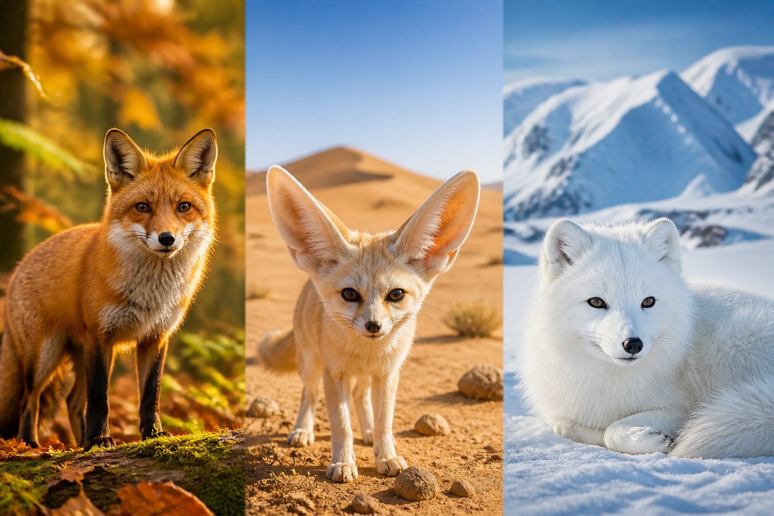 A red fox in a forest, a fennec fox in a desert, and an arctic fox on snowy terrain, each in their natural habitats.