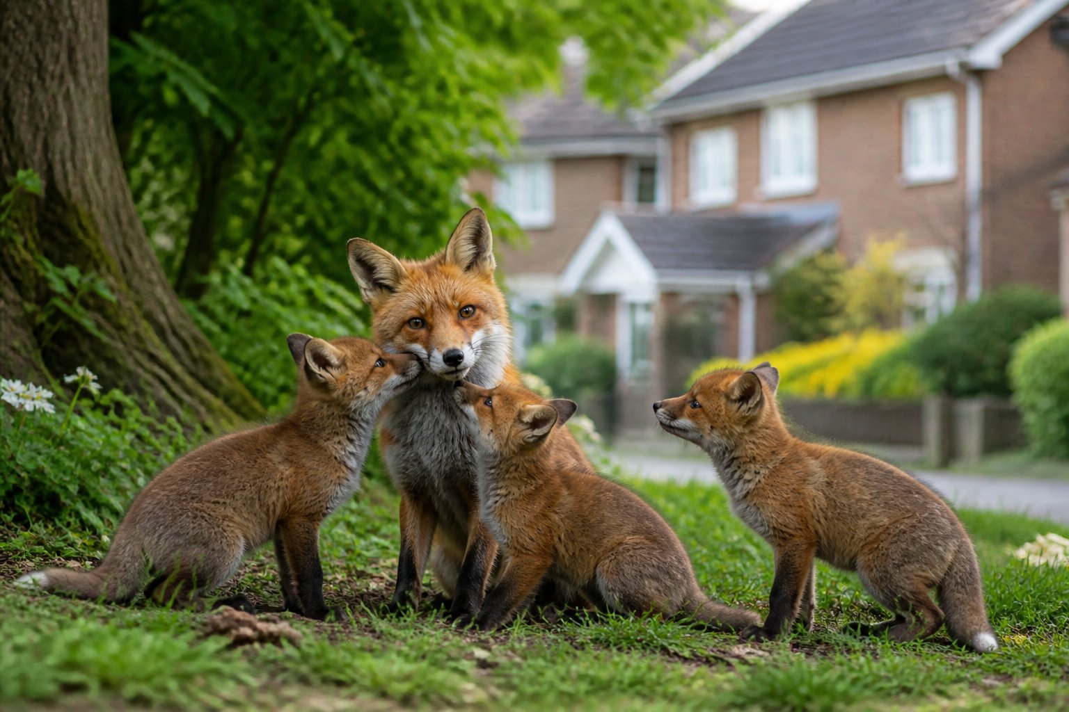 A mother fox with her playful baby foxes resting together near the edge of a suburban park with houses visible in the background.