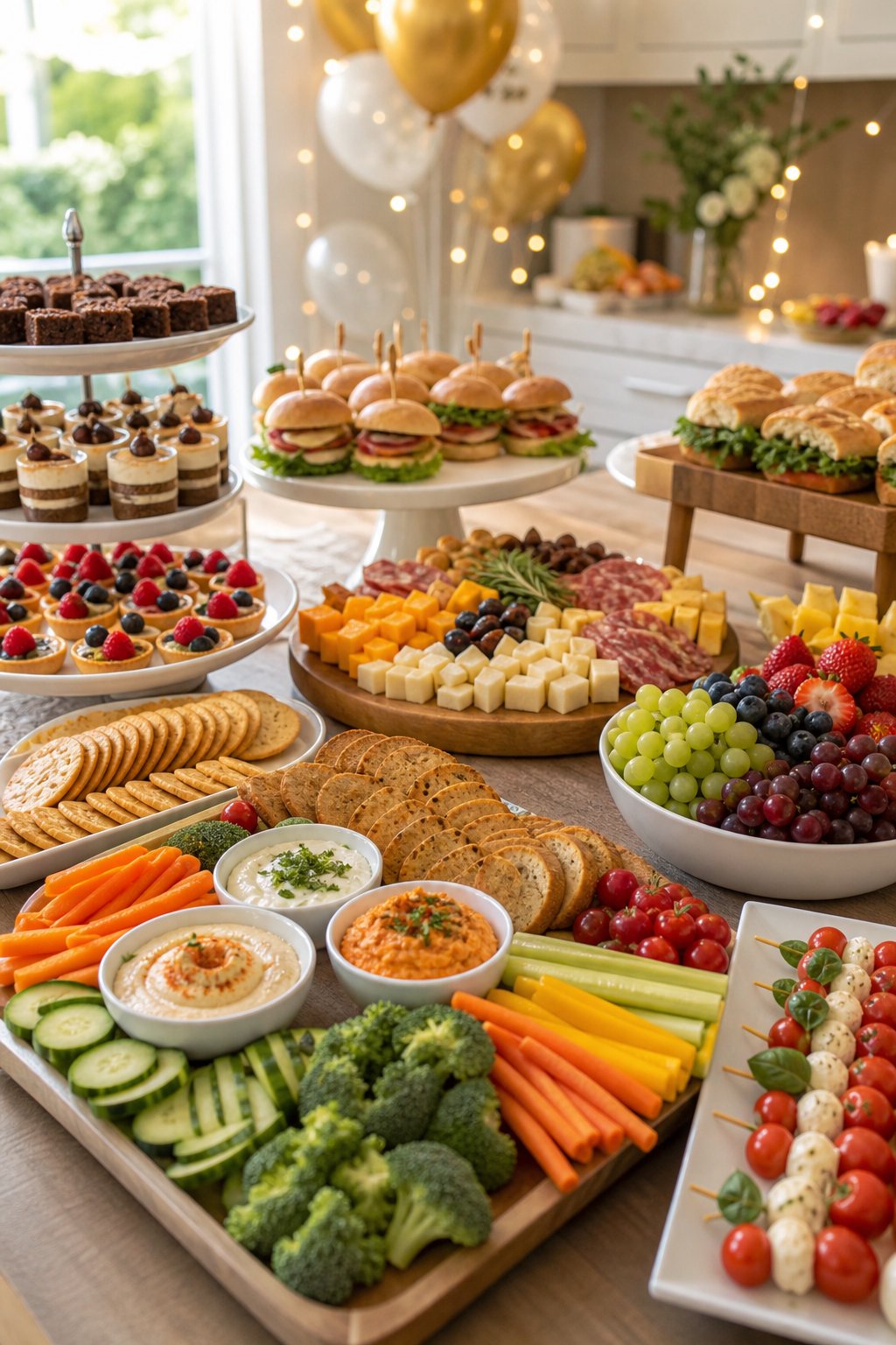 22 Costco Party Appetizers Hacks That Will Make You the Host with the Most 2 A table filled with a variety of colorful party appetizers including sandwiches, cheese boards, fruit platters, dips, and desserts arranged for a festive gathering.