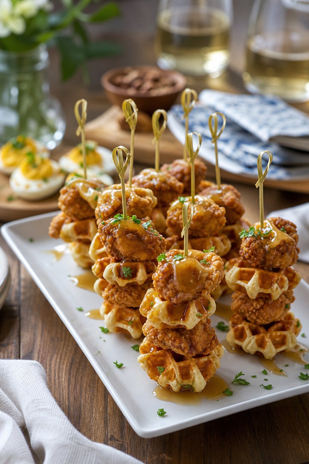 22 Costco Party Appetizers Hacks That Will Make You the Host with the Most 3 Mini chicken and waffles skewers arranged on a serving platter on a wooden table with a casual party setting in the background.