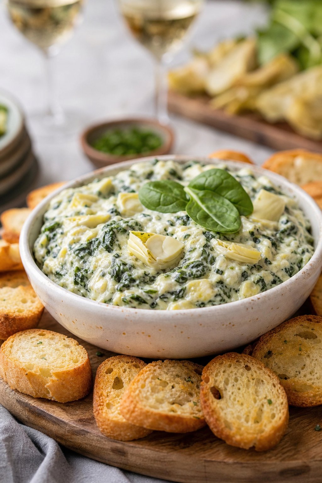22 Costco Party Appetizers Hacks That Will Make You the Host with the Most 4 A bowl of spinach artichoke dip with toasted crostini arranged around it on a wooden board.