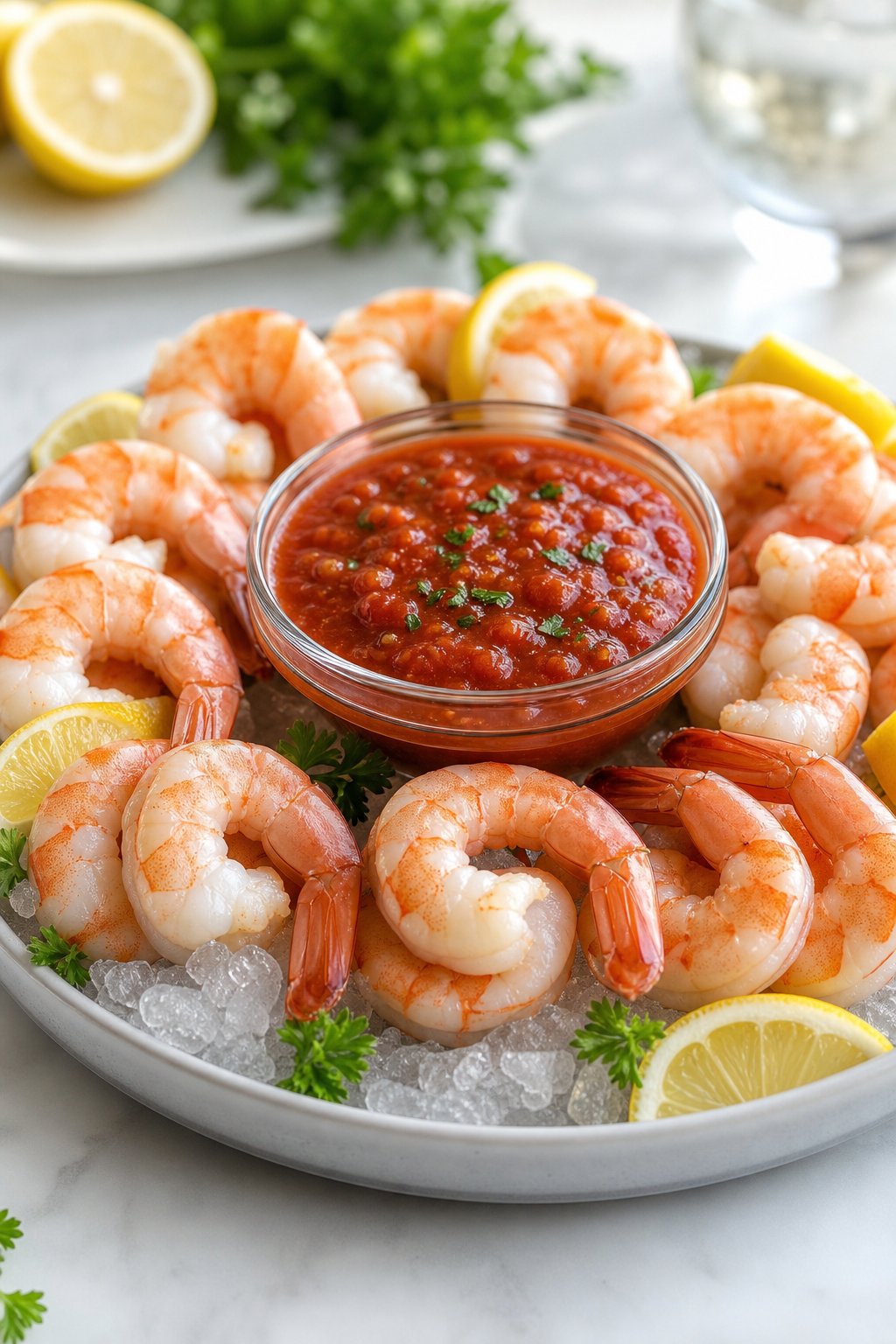 22 Costco Party Appetizers Hacks That Will Make You the Host with the Most 5 A platter of large tails-on shrimp arranged around a bowl of red cocktail sauce with lemon wedges and parsley on a white surface.