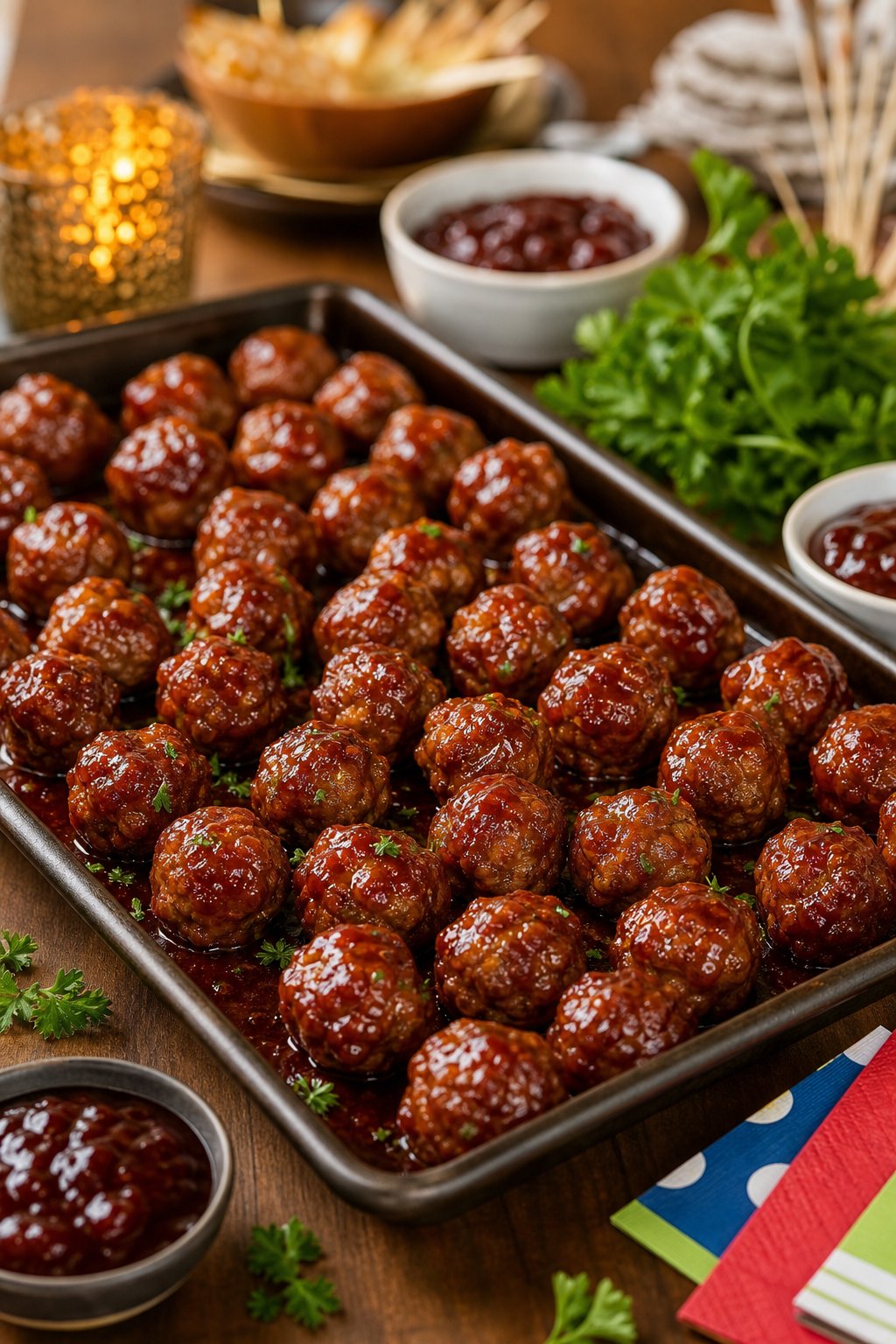 22 Costco Party Appetizers Hacks That Will Make You the Host with the Most 6 Sheet pan filled with glazed meatballs coated in grape jelly and chili sauce, ready to be served as a party appetizer.