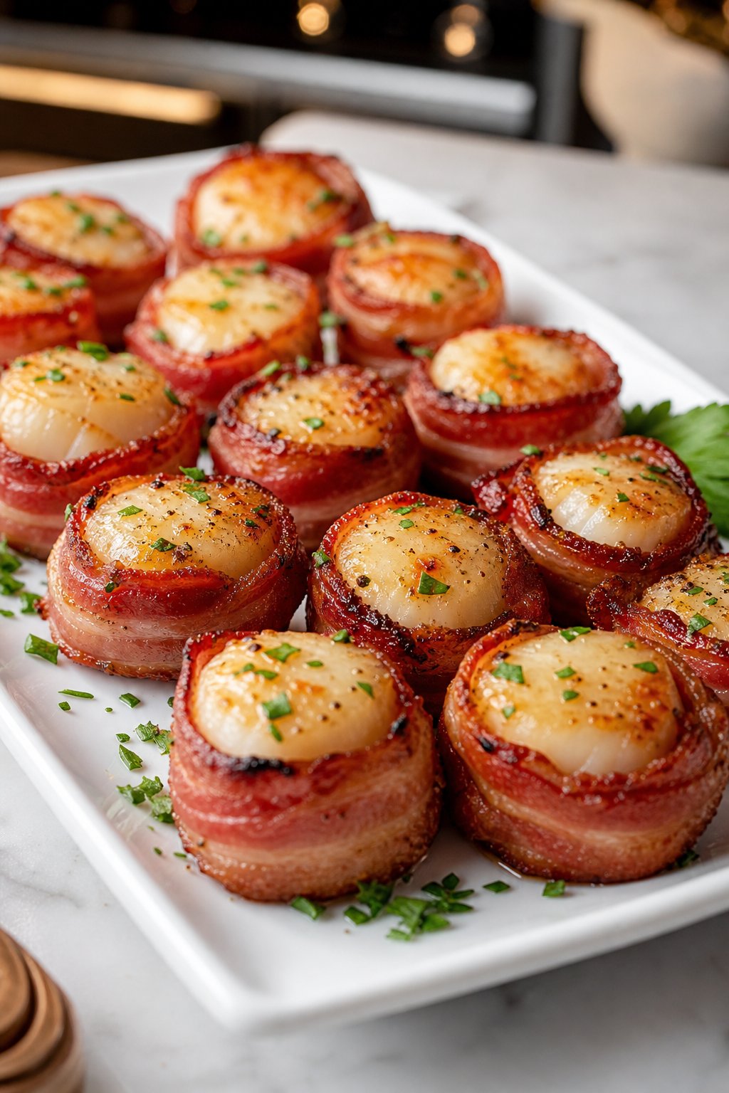 22 Costco Party Appetizers Hacks That Will Make You the Host with the Most 7 A plate of bacon-wrapped scallops arranged on a serving platter, garnished with fresh herbs.