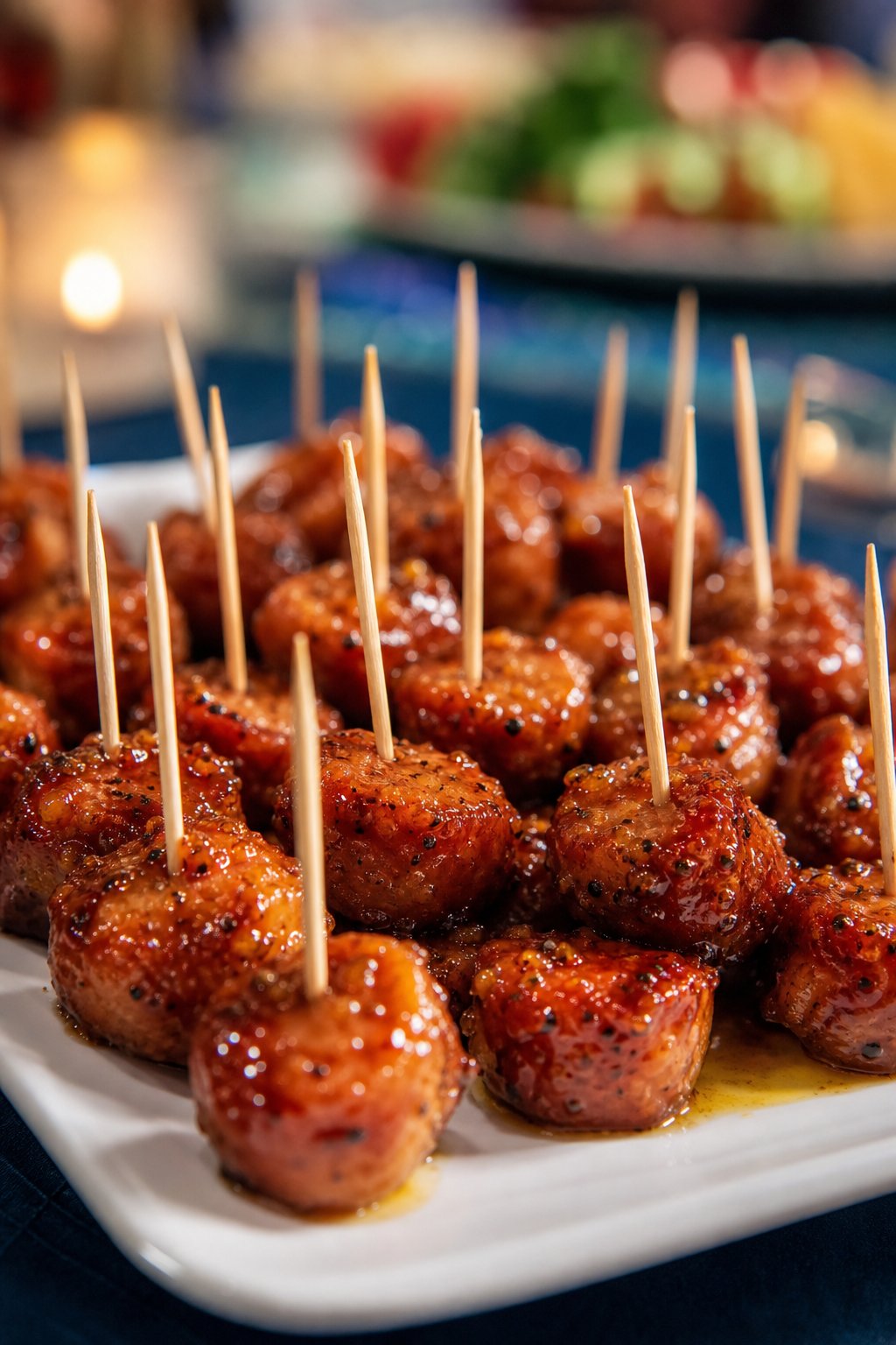 22 Costco Party Appetizers Hacks That Will Make You the Host with the Most 8 Close-up of honey-glazed sausage bites on toothpicks arranged on a white serving platter.