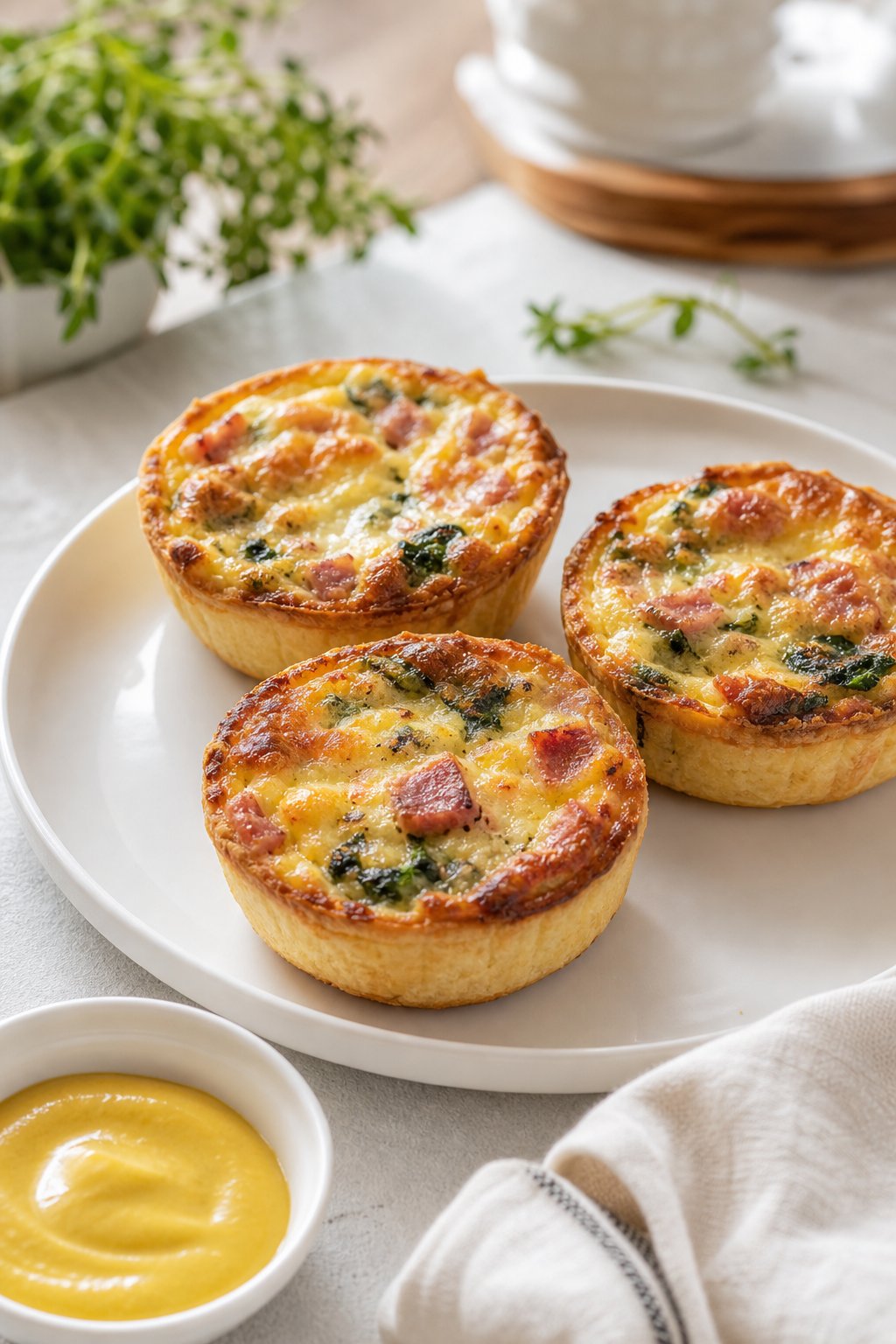 22 Costco Party Appetizers Hacks That Will Make You the Host with the Most 9 Three mini quiches on a white plate served with a small bowl of mustard on a table.