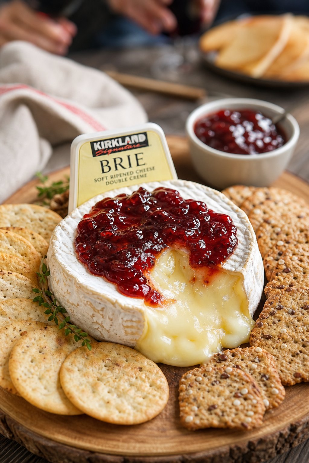 22 Costco Party Appetizers Hacks That Will Make You the Host with the Most 10 A warm Brie cheese wheel topped with jam on a wooden board surrounded by assorted crackers.
