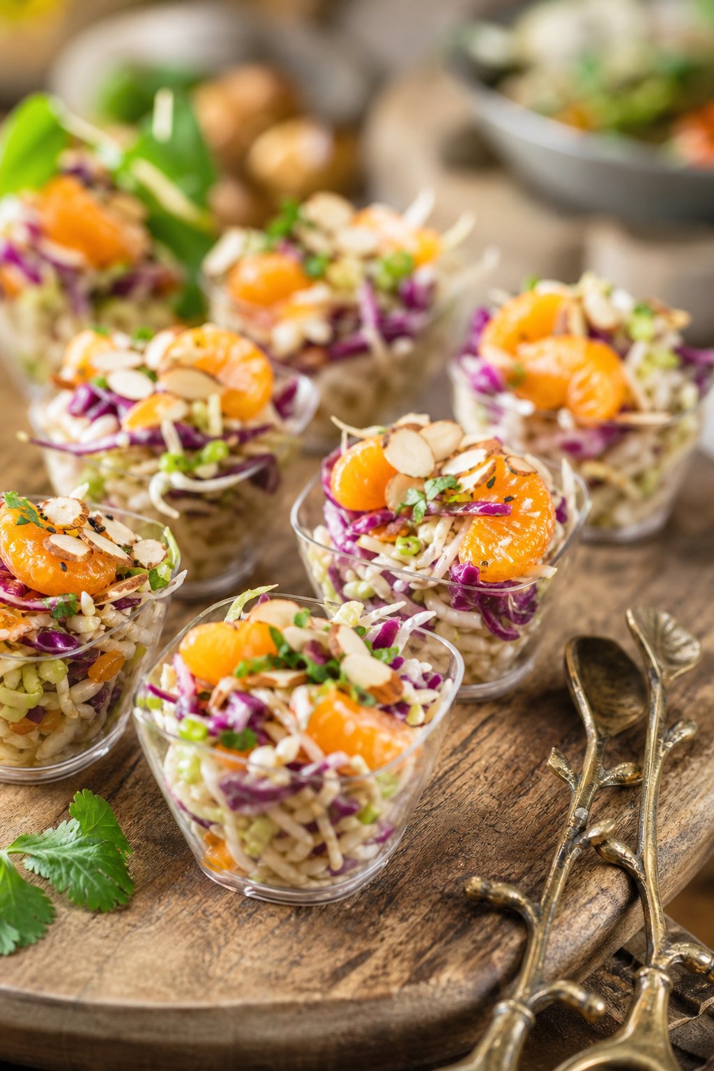 22 Costco Party Appetizers Hacks That Will Make You the Host with the Most 11 Individual cups of Asian slaw with mandarin oranges and almonds arranged on a wooden serving board.