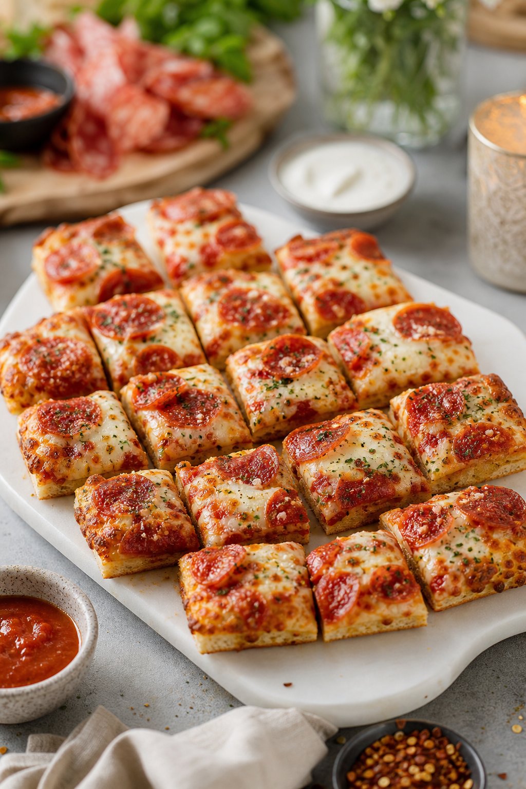 22 Costco Party Appetizers Hacks That Will Make You the Host with the Most 12 A serving platter with Kirkland frozen pizza cut into small square party bites arranged for a party.