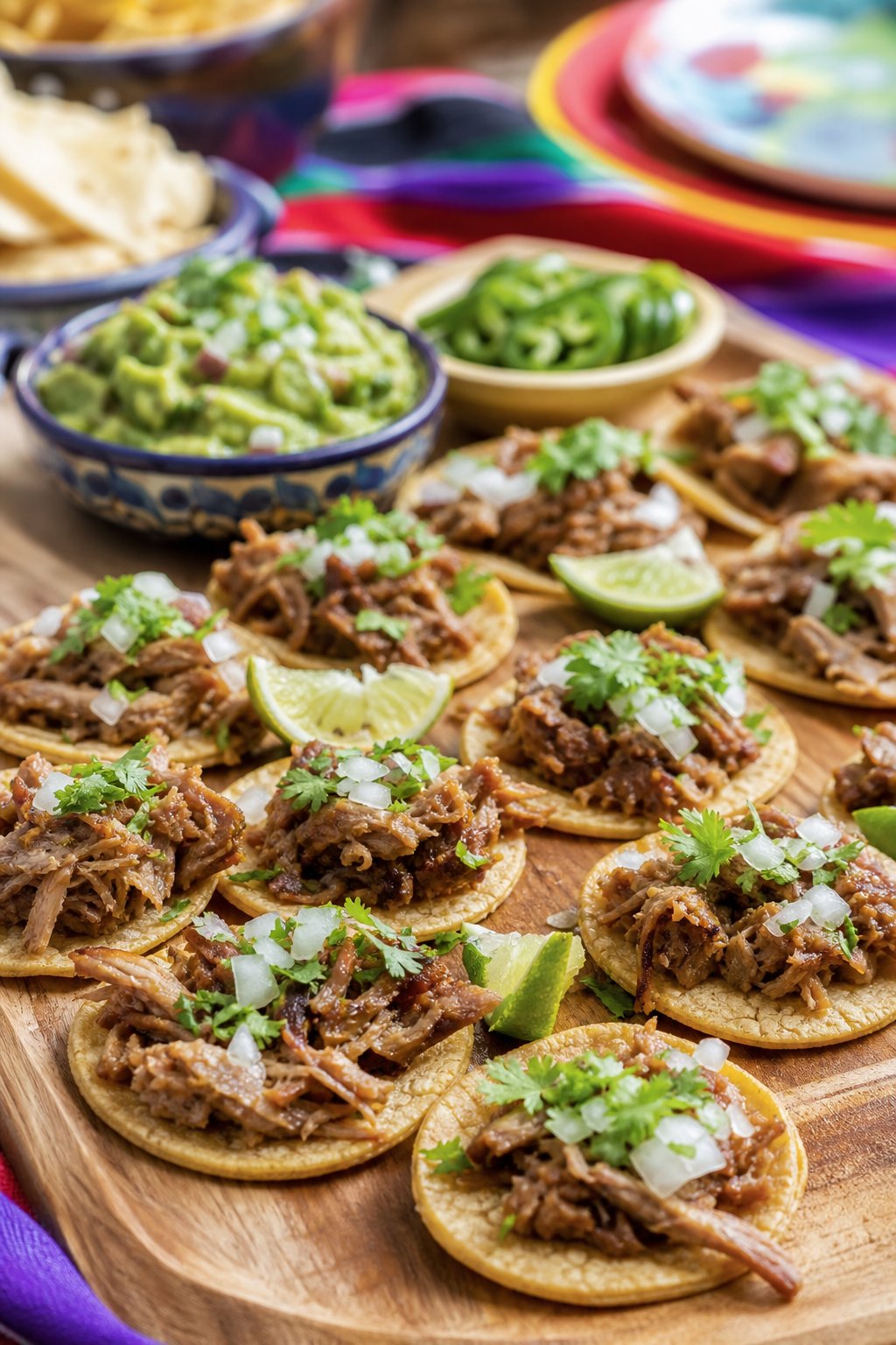 22 Costco Party Appetizers Hacks That Will Make You the Host with the Most 13 Mini street tacos filled with shredded carnitas, topped with cilantro and onions, arranged on a wooden platter with bowls of salsa and guacamole nearby.