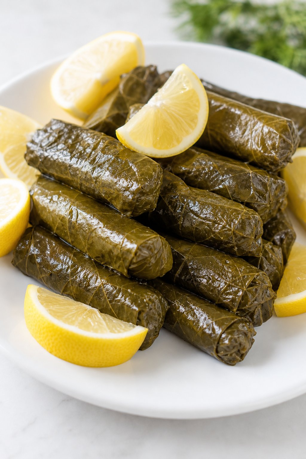 22 Costco Party Appetizers Hacks That Will Make You the Host with the Most 14 A plate of stuffed grape leaves arranged with lemon wedges on a neutral surface.