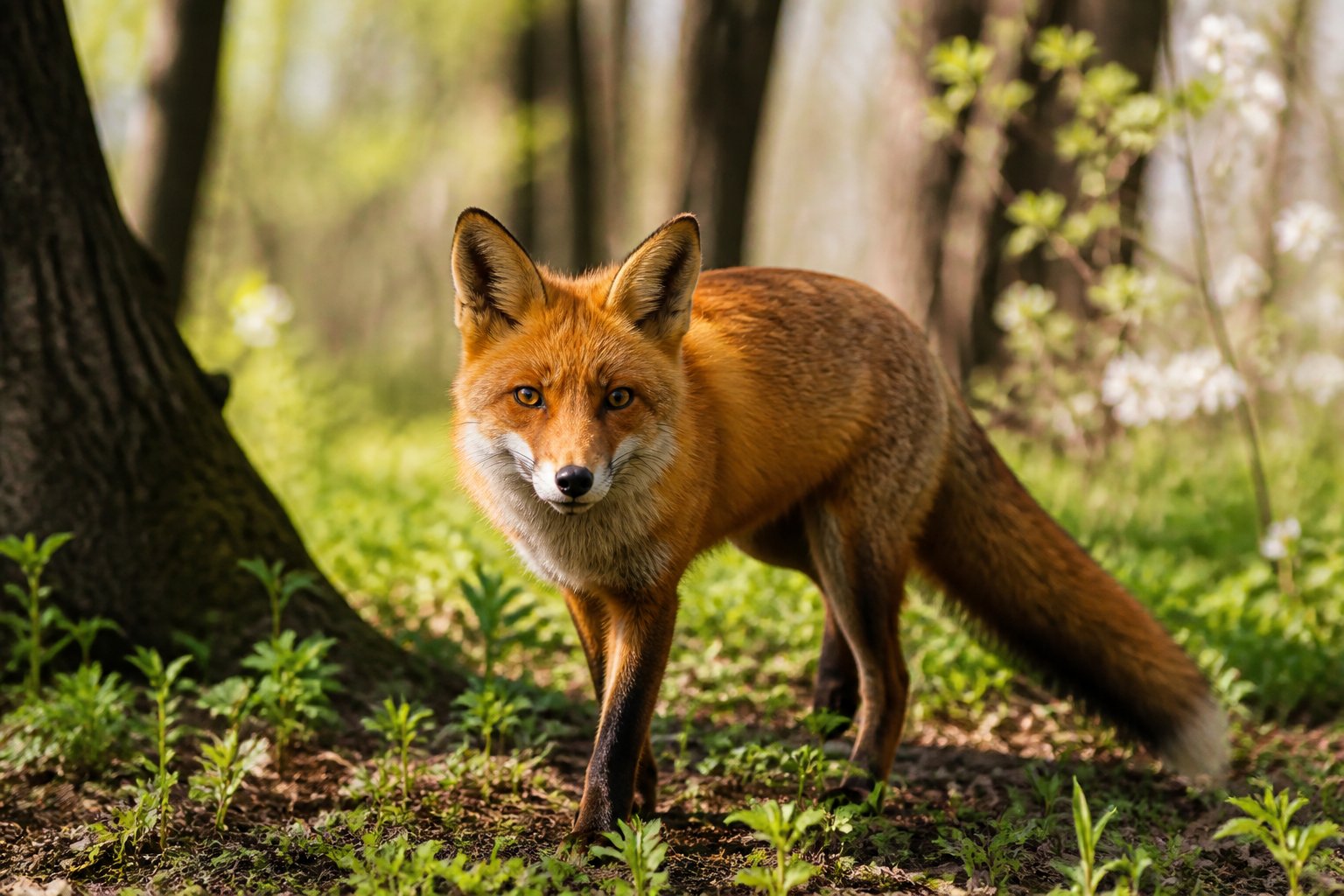 A red fox standing alert in a sunlit forest with fresh green grass and budding plants.
