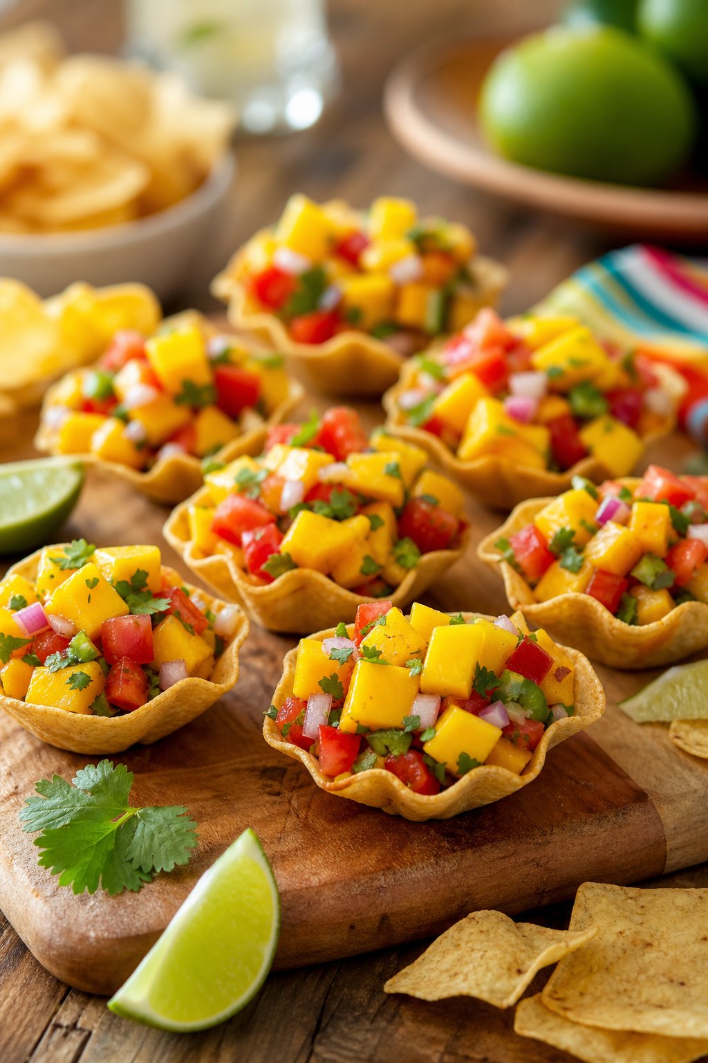 22 Costco Party Appetizers Hacks That Will Make You the Host with the Most 15 Clear tortilla chip cups filled with colorful mango salsa arranged on a wooden table with scattered tortilla chips and lime wedges.